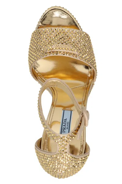 Shop Prada Women Crystal Sandals In Gold