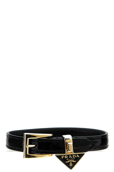 Shop Prada Women Enamel Triangle Logo Bracelet In Black