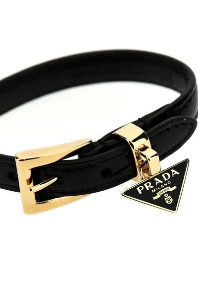 Shop Prada Women Enamel Triangle Logo Bracelet In Black