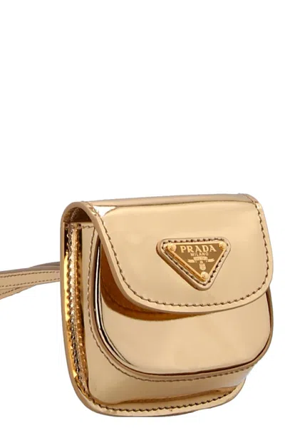 Shop Prada Women Logo Leather Airpods Case In Gold
