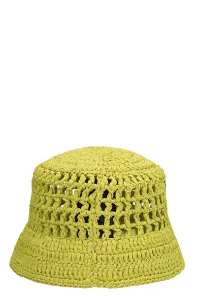 Shop Prada Women Logo Raffia Bucket Hat In Yellow