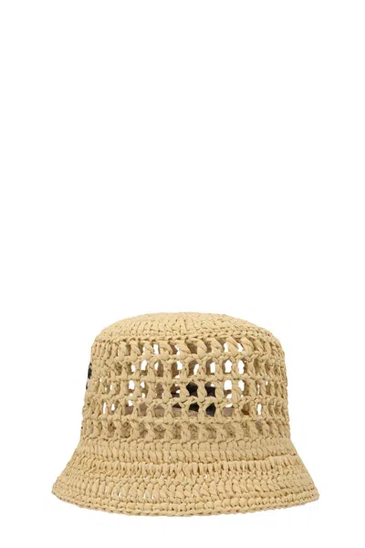 Shop Prada Women Logo Raffia Bucket Hat In Cream