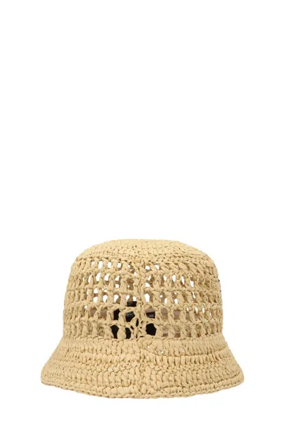 Shop Prada Women Logo Raffia Bucket Hat In Cream