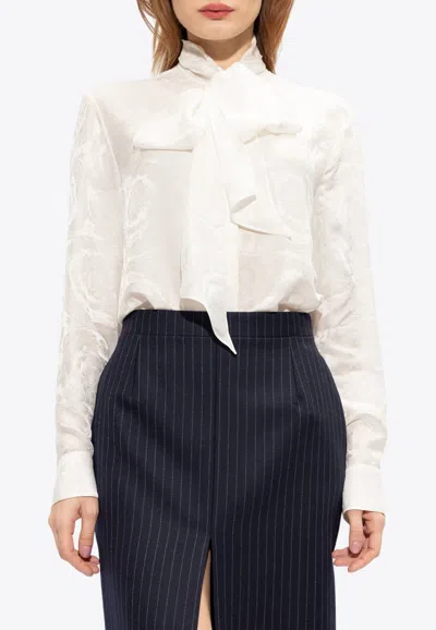 Shop Versace Barocco Jacquard Long-sleeved Silk Shirt In White