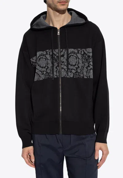 Shop Versace Barocco Jacquard Zip-up Hooded Sweatshirt In Black