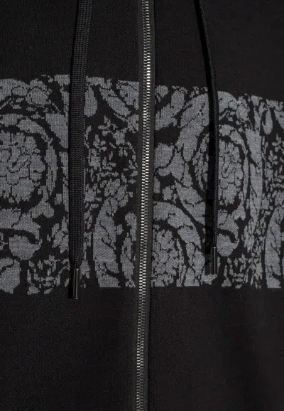 Shop Versace Barocco Jacquard Zip-up Hooded Sweatshirt In Black