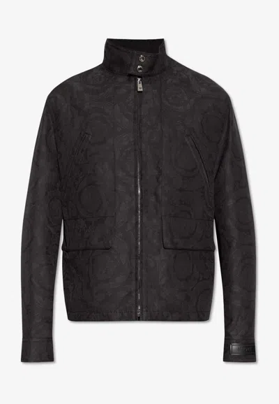 Shop Versace Barocco Jacquard Zip-up Jacket In Gray