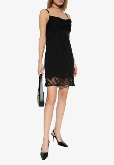 Shop Versace Barocco Lace Sleeveless Mini Dress In Black