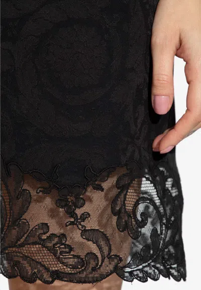 Shop Versace Barocco Lace Sleeveless Mini Dress In Black