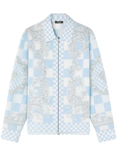 Shop Versace Jackets In Pastel Blue/white/silver