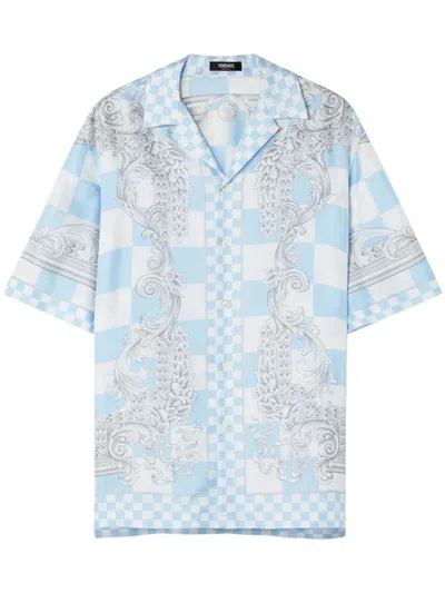 Shop Versace Shirts In Pastel Blue/white/silver