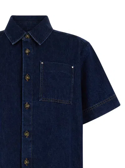 Shop Apc Blue Short Sleeve Shirt With Patch Pocket In Cotton Denim Man