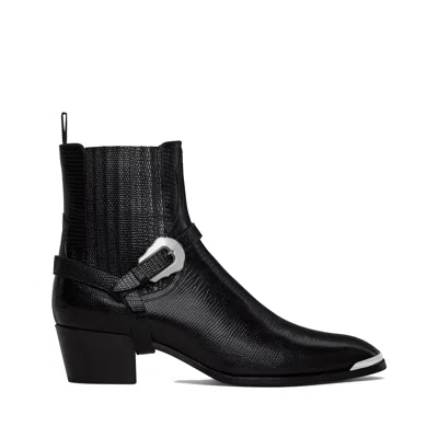 Celine Men Isaac Western Chelsea Boot With Harness And Metal Toe In Calfskin With Tejus Print Black In Black