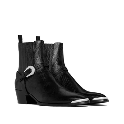 Celine Men Isaac Western Chelsea Boot With Harness And Metal Toe In Calfskin With Tejus Print Black In Black