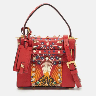 Shop Valentino Leather Enchanted Wonderland Micro My Rockstud Top Handle Bag In Red