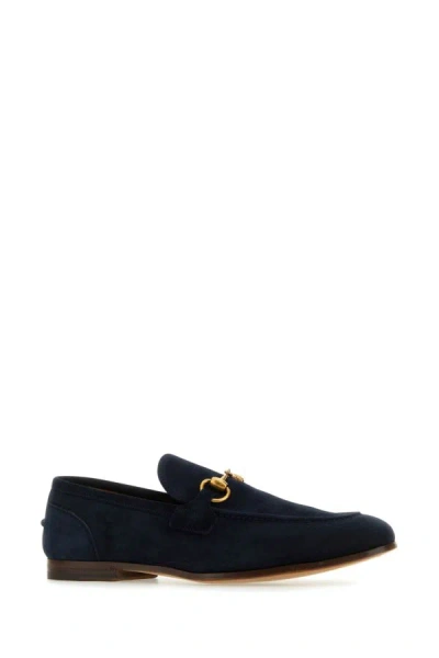Shop Gucci Man Navy Blue Suede Loafers