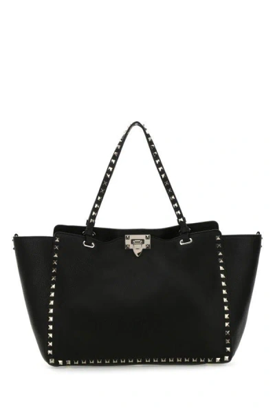 Shop Valentino Garavani Woman Black Leather Medium Rockstud Shoulder Bag