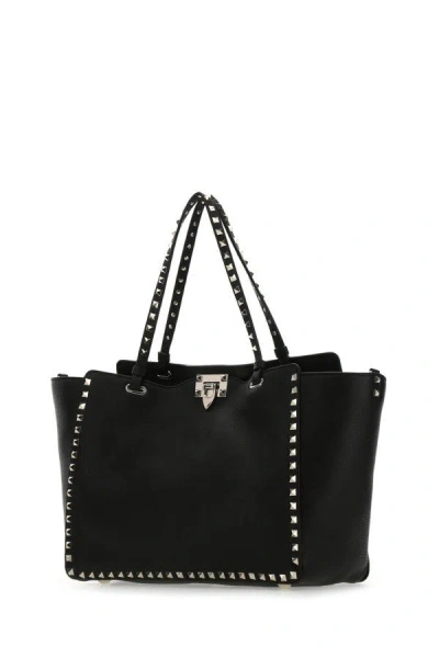 Shop Valentino Garavani Woman Black Leather Medium Rockstud Shoulder Bag
