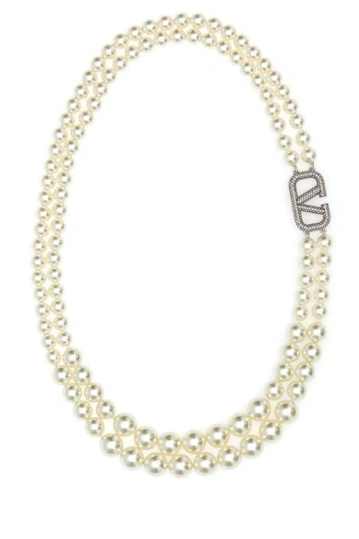Shop Valentino Garavani Woman Ivory Pearls Vlogo Necklace In White