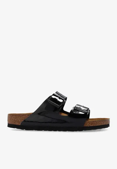 Birkenstock Arizona Birko-flor Black Patent Two Bar Mules In Black