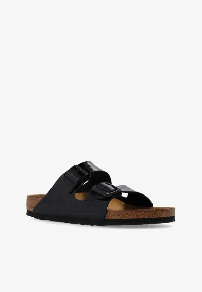 Birkenstock Arizona Birko-flor Black Patent Two Bar Mules In Black