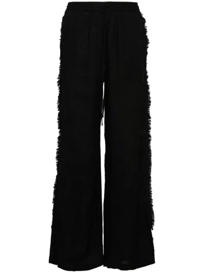 Shop P.a.r.o.s.h . Fringed Linen Straight-leg Trousers In Nero