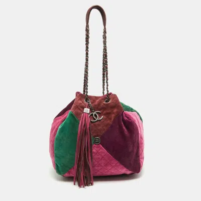 Pre-owned Chanel Color Quilted Suede Patchwork Drawstring Bucket Bag In Multi