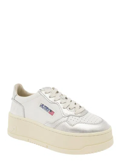 Shop Autry White And Silver Low Top Platform Sneakers With Logo In Leather Woman