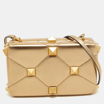 Shop Valentino Leather Roman Stud Clutch In Gold