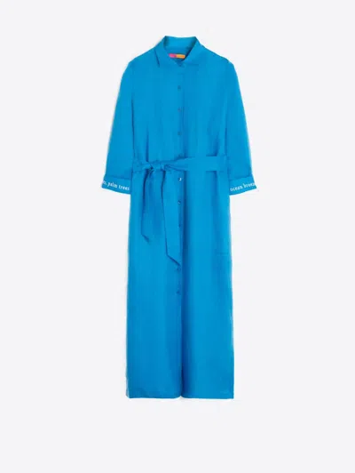 Shop Vilagallo Antonella Embroidered Dress In Blue Linen In Multi