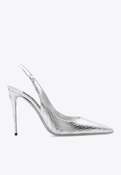 Shop Dolce & Gabbana 105 Python Skin Slingback Pumps In Silver