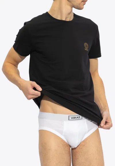 Versace White Crewneck T-shirt With Medusa Print On The Front In Cotton Stretch Man In Black