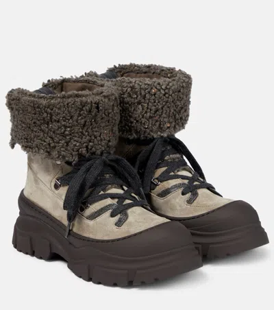 Shop Brunello Cucinelli Women 30mm Suede & Shearling Hiking Boots In Gray