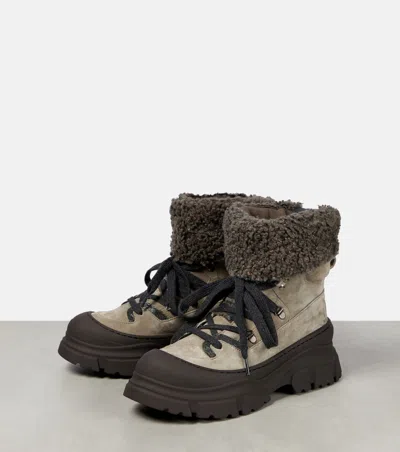 Shop Brunello Cucinelli Women 30mm Suede & Shearling Hiking Boots In Gray