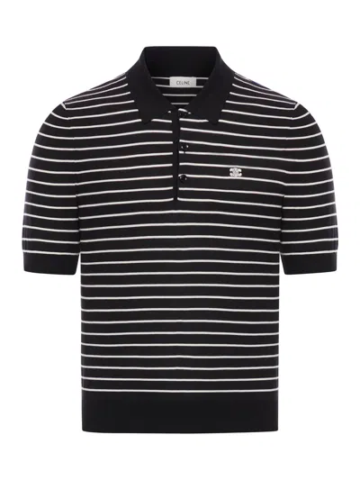 Shop Celine Men Triomphe Polo Shirt In Lightweight Cotton In Black