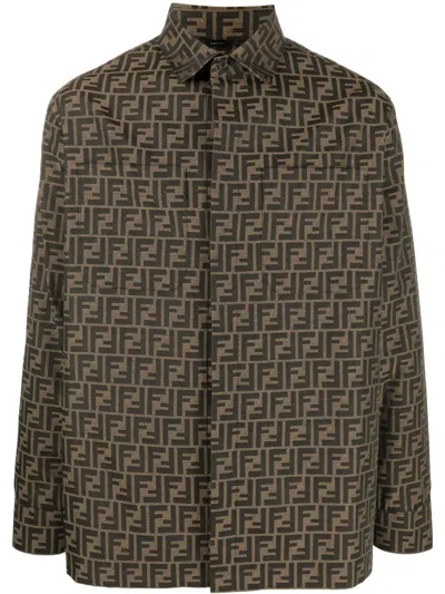 Shop Fendi Men Ff Jacquard Fabric Shirt Jacket In Brown