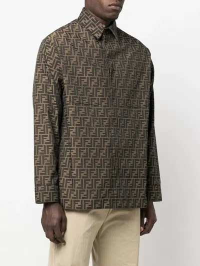 Shop Fendi Men Ff Jacquard Fabric Shirt Jacket In Brown