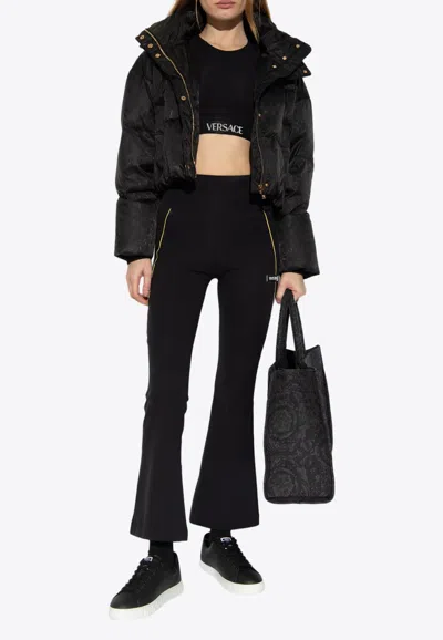 Shop Versace Barocco Cropped Puffer Jacket In Black