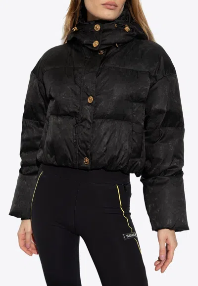 Shop Versace Barocco Cropped Puffer Jacket In Black