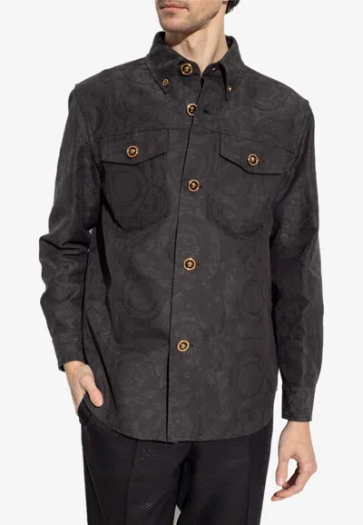 Shop Versace Barocco Jacquard Long-sleeved Shirt In Gray