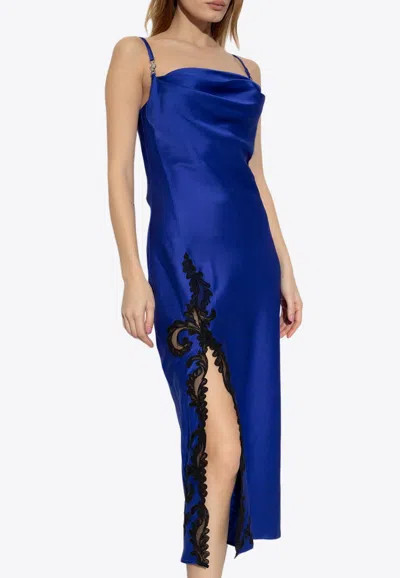Shop Versace Barocco Lace Embellished Satin Midi Dress In Blue