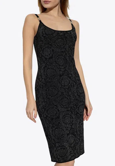 Shop Versace Barocco Lurex Knit Dress In Black