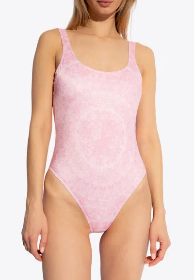 Shop Versace Barocco One-piece Swimsuit In Pink