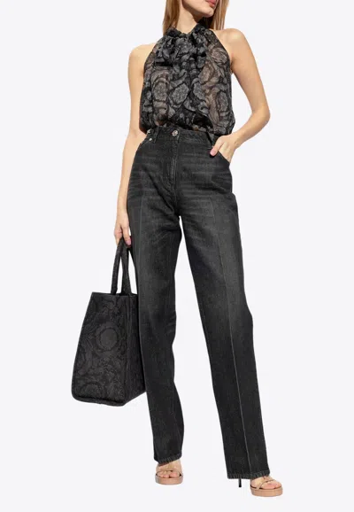 Shop Versace Barocco Silk Scarf-tie Top In Black