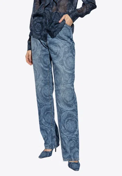 Shop Versace Barocco Straight-leg Jeans In Blue