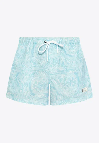 Shop Versace Barocco Swim Shorts In Blue