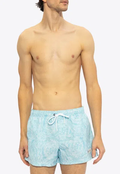Shop Versace Barocco Swim Shorts In Blue