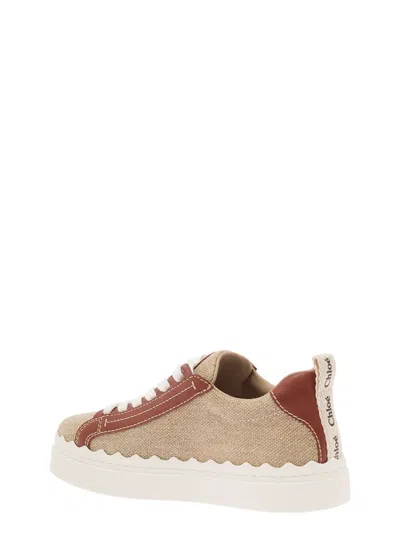 Shop Chloé 'lauren' Beige Low Top Sneakers With Logo Detail And Brown Leather Trim In Canvas Woman