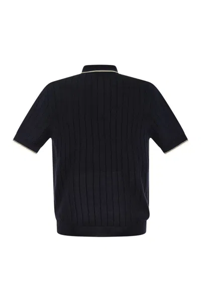 Shop Peserico Polo Shirt In Pure Cotton Crepe Yarn With Flat Rib In Blue/beige