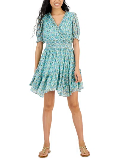 Shop Taylor Petites Womens Printed Mini Fit & Flare Dress In Blue